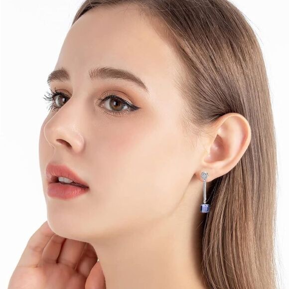 .925 Sterling Silver with Purple Tanzanite Austrian Crystal Dangle Cube Earrings - Picture 5 of 6